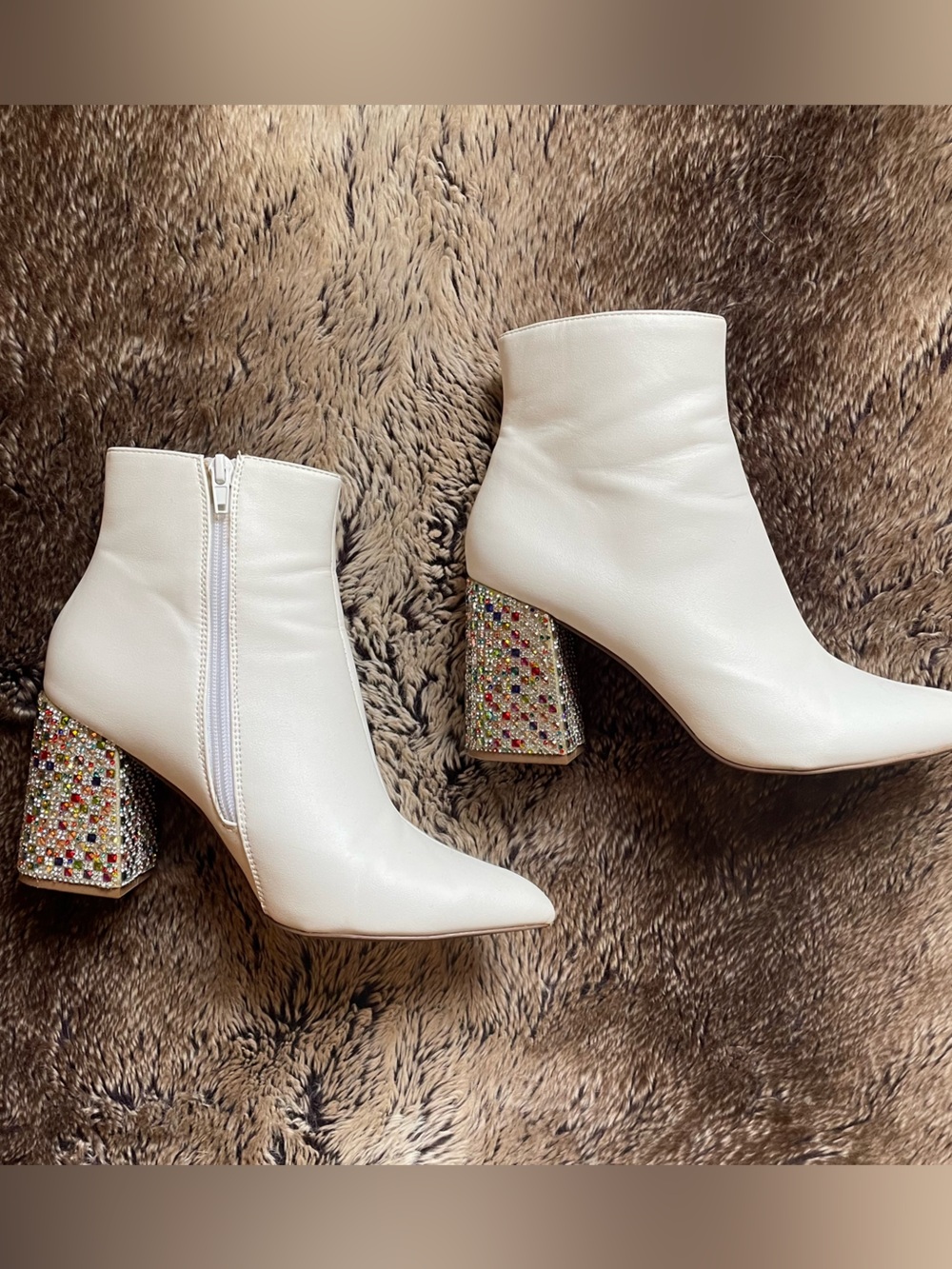 Women’s White Ankle Boots Pointed Toe with Embellished Block Heel
